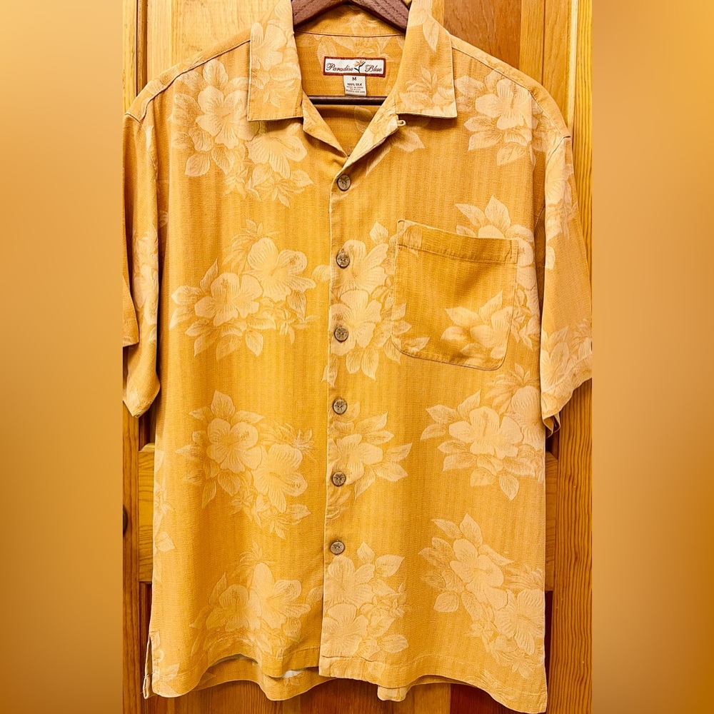 Men’s “Paradise Blue”Silk Hawaiian Short Sleeve Button Up Shirt